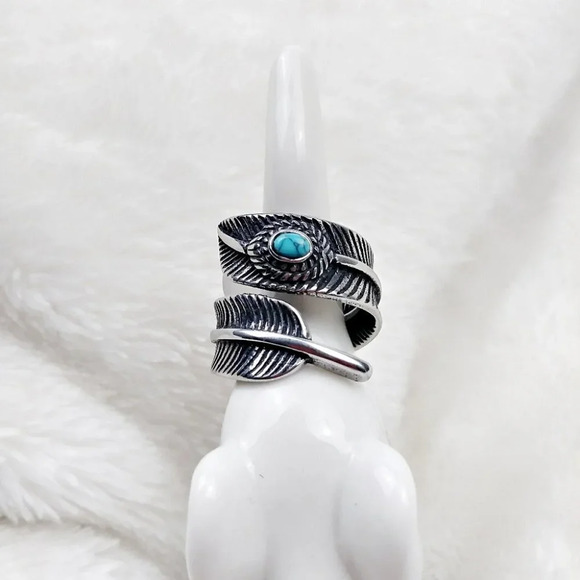 Boho Stainless Steel Feather Turquoise Ring Festival Gypsy Bohemian - Picture 2 of 8